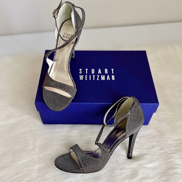 ✨STUART WEITZMAN Vixen Glitter Metallic Woven Strappy Sandals Pyrite Size 6.5 - Picture 1 of 16